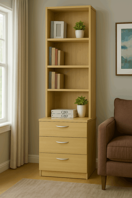 Lounge room scene featuring the 3 drawer unit with additional built in bookcase. B-3AC-OD