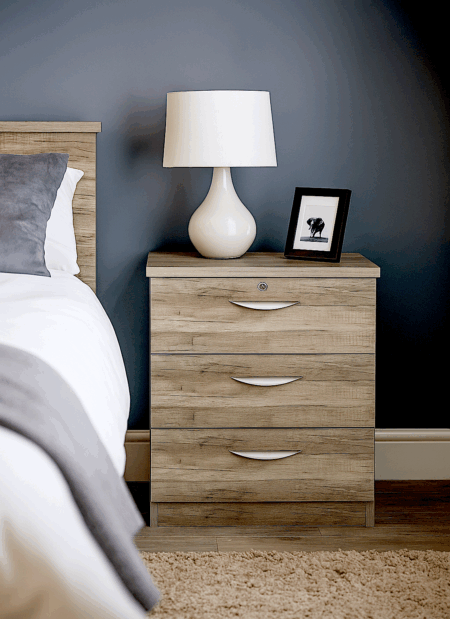 The 3 Drawer B-3AC Drawer unit in Nebraska Grey being used as a bedside table with matching bespoke headboard